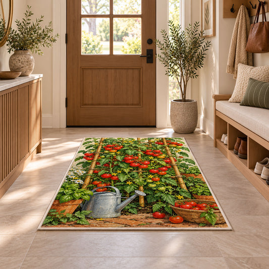 Tomato Garden Rug in an entryway with a wooden door and bench