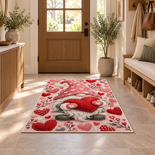 pink gnome hugging a heart rug in an entryway with a wooden door and bench