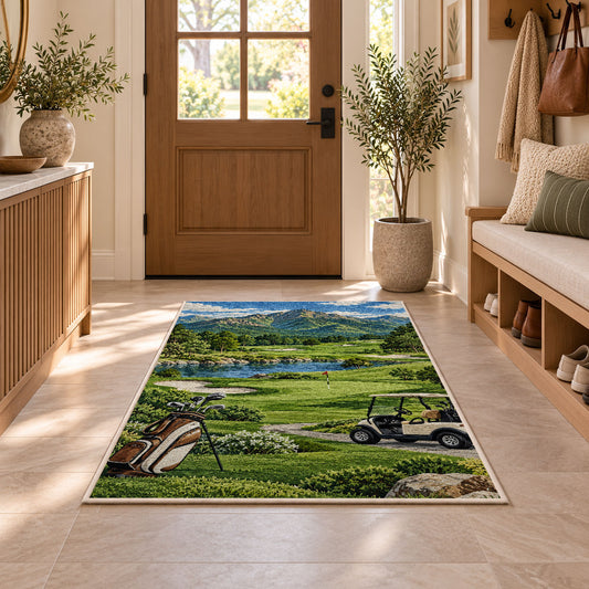 Mountain golf course rug in an entryway with a wooden door and bench