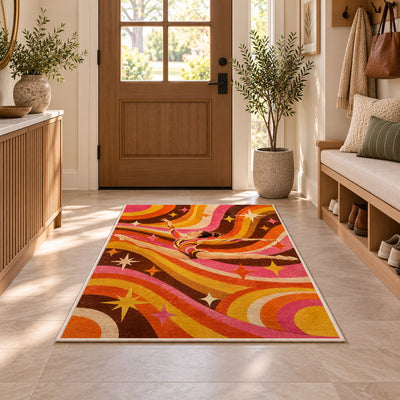 Retro Gymnastics Rug in an entryway with a wooden door and bench