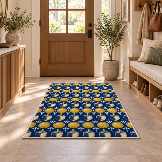 Gold Coin and Dreidel Rug in an entryway with a wooden door and bench