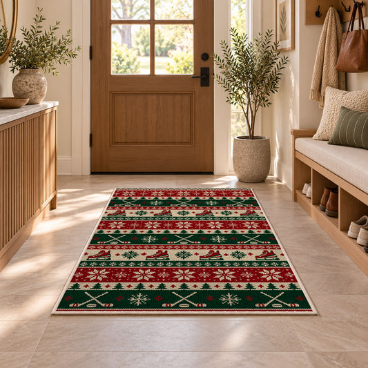Hockey Christmas Sweater rug in an entryway with a wooden door and bench