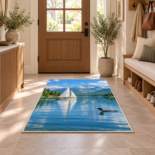 Sailboat and loon on lake rug in an entryway with a wooden door and bench