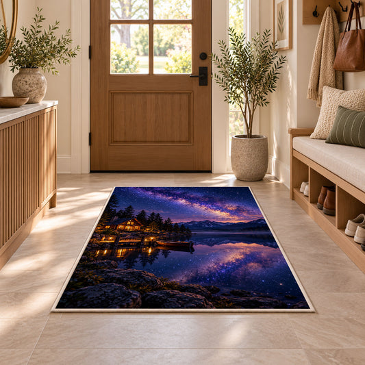 Milky Way over lake cabin rug in an entryway with a wooden door and bench