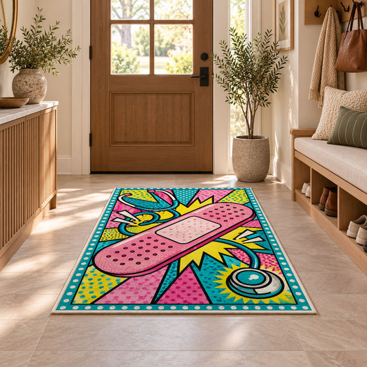 Pop Art Bandage Rug in an entryway with a wooden door and bench