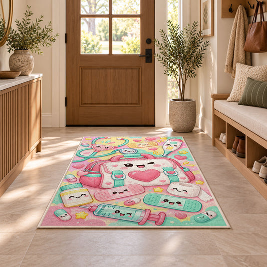 Cute Medical Bag Rug in an entryway with a wooden door and bench