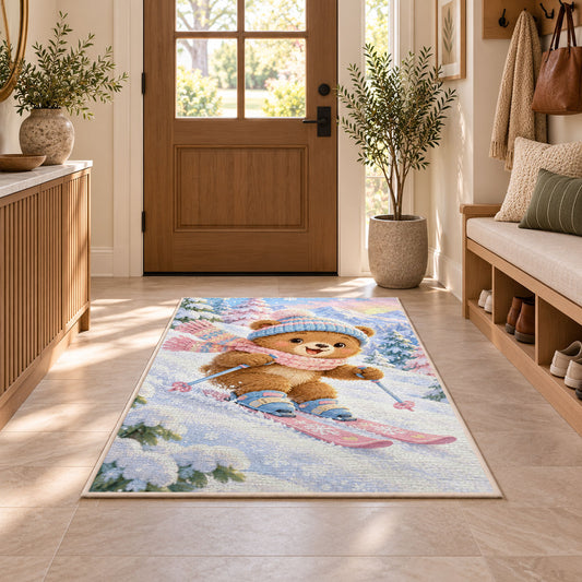 Teddy bear skier rug in an entryway with a wooden door and bench