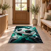 low poly geometric soccer ball rug in an entryway with a wooden door and bench