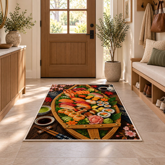 Sushi Boat Rug in an entryway with a wooden door and bench