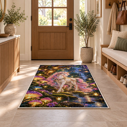 unicorn in an enchanted forest rug in an entryway with a wooden door and bench