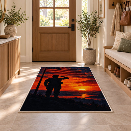 Soldier Salute Sunset rug in an entryway with a wooden door and bench