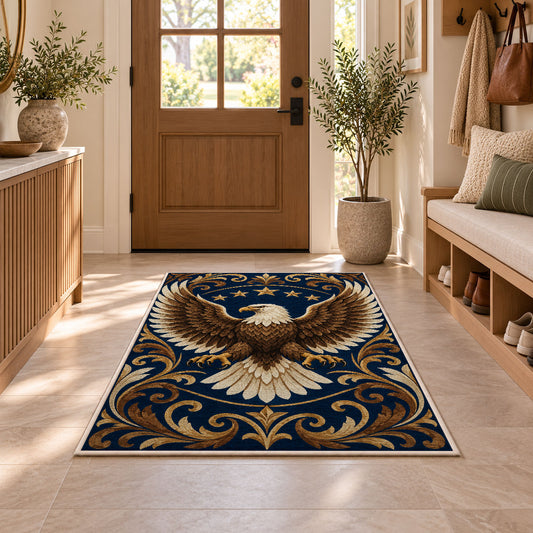 Bald Eagle Stars rug in an entryway with a wooden door and bench