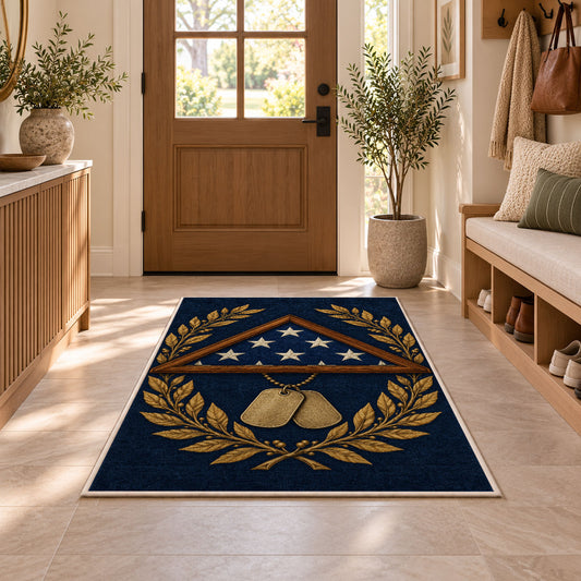 Folded Flag Memorial rug in an entryway with a wooden door and bench