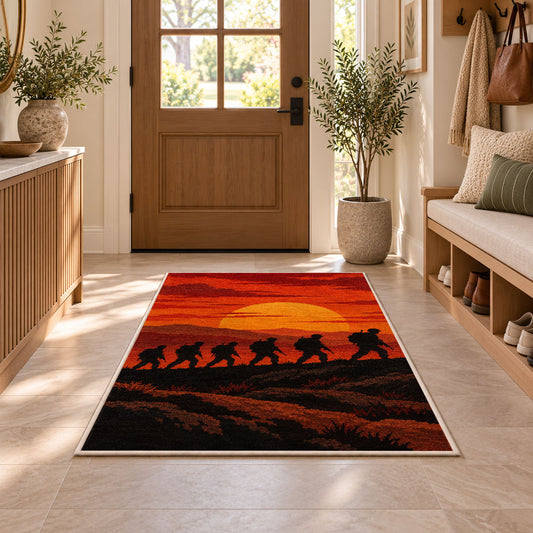 Soldiers March Sunset rug in an entryway with a wooden door and bench
