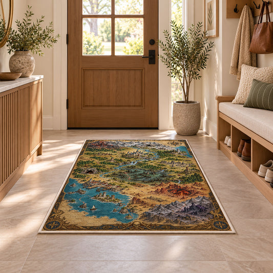 Fantasy coastal world map rug with harbor, desert, mountain ranges, and compass in a sunny entryway