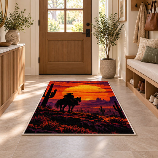 Cowboy sunset rider rug in an entryway with a wooden door and bench
