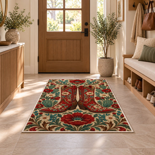 Embroidered red boots rug in an entryway with a wooden door and bench
