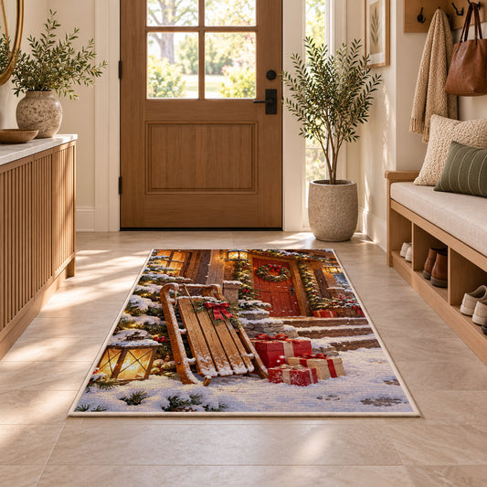 Wooden Sled Snowy Porch rug in an entryway with a wooden door and bench