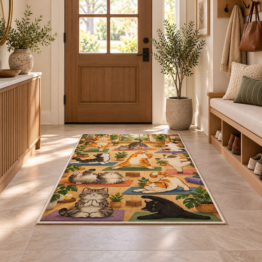cats doing yoga rug in an entryway with a wooden door and bench