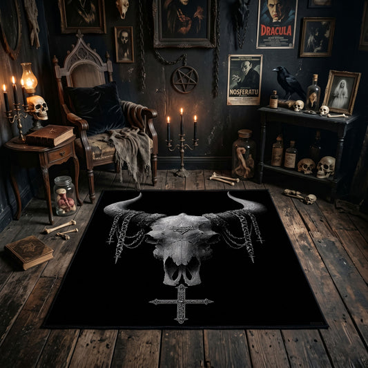 Satanic Ram Skull Area Rug, Baphomet Gothic Bedroom Carpet, Occult Home Decor, Horror Room Black Floor Mat, Witchy Alternative Decor
