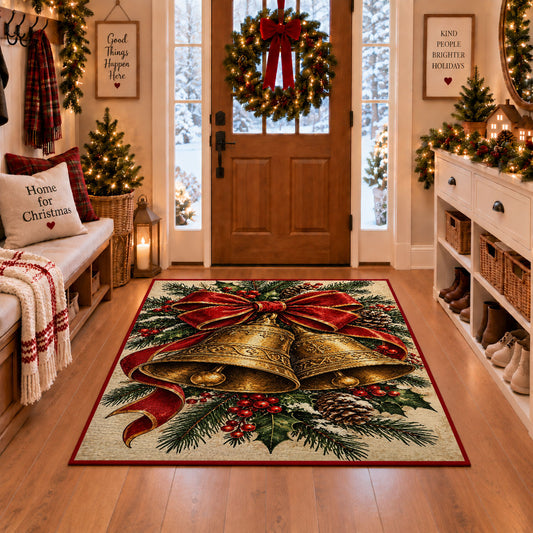 Christmas bells rug with red bow and pine greenery in entryway