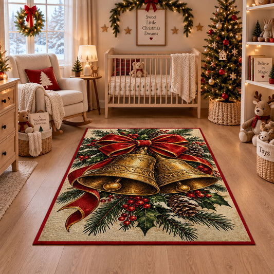 Christmas bells rug with red bow and pine greenery in nursery