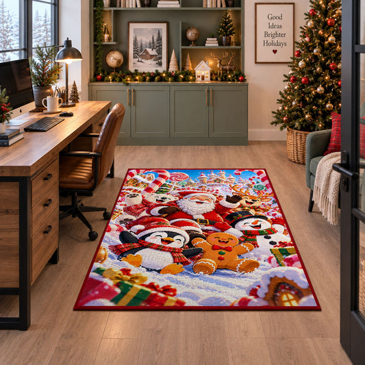 Santa, penguin, snowman and gingerbread friends in colorful snow area rug, holiday room view 7