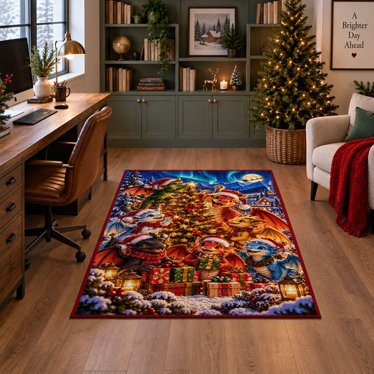 woodland animals gathered around a lit Christmas tree area rug, holiday room view 4