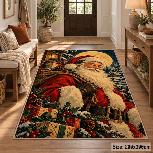 Santa portrait under moonlight with wrapped gifts and evergreen branches area rug, holiday room view 2