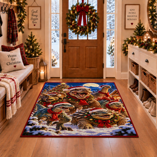festive dinosaurs wearing winter scarves in snowy woodland area rug, holiday room view 1