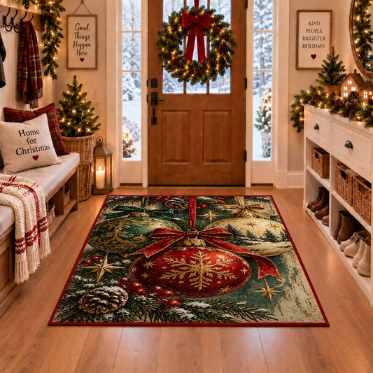 red Christmas ornament with gold snowflake and pinecones area rug, holiday room view 1