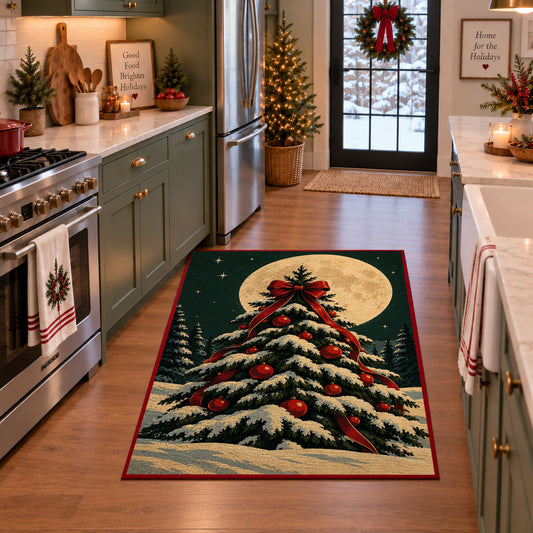snow-covered Christmas tree with red ornaments under a full moon area rug, holiday room view 3