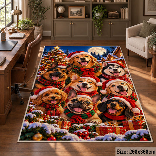dogs in holiday hats and scarves gathered by a snowy tree area rug, holiday room view 5