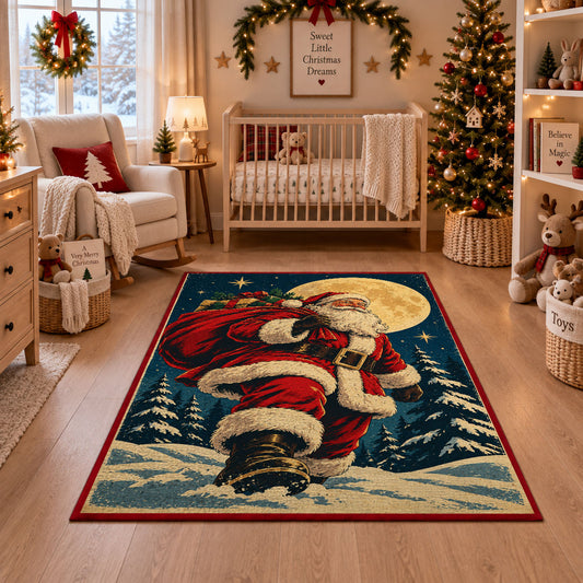 Santa walking through moonlit snow with a gift sack area rug, holiday room view 10