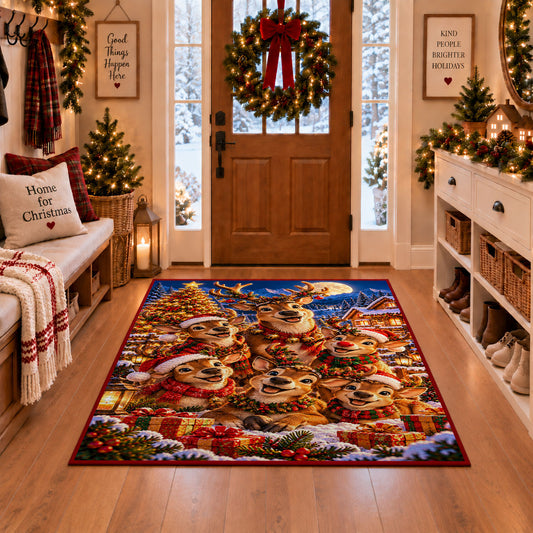 reindeer family around a bright Christmas tree and gifts area rug, holiday room view 1