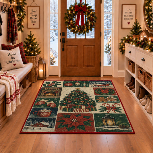 vintage panel collage of Christmas tree, stockings, presents and poinsettia area rug, holiday room view 1