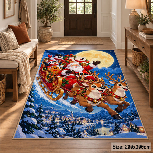 Santa flying through the night sky in a reindeer sleigh area rug, holiday room view 2