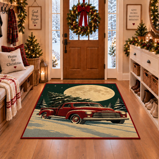 red vintage pickup truck carrying a Christmas tree through snow area rug, holiday room view 1