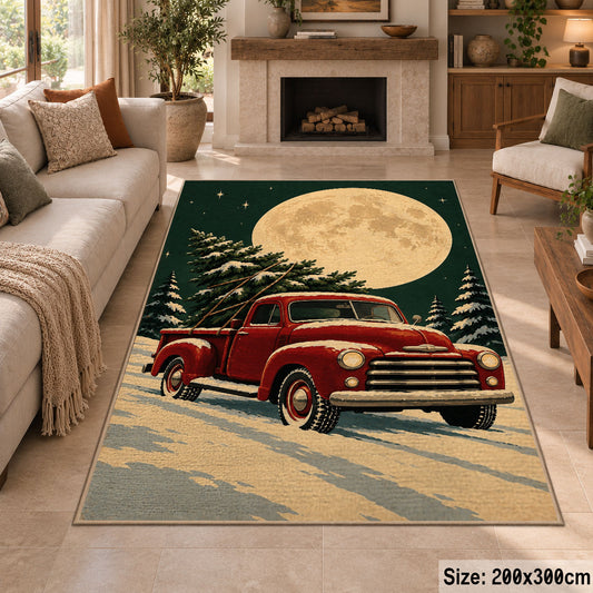 red vintage pickup truck carrying a Christmas tree through snow area rug, holiday room view 8