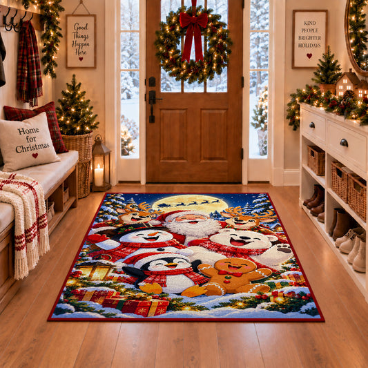 Santa with snowmen, penguins and gingerbread friends in snowy village area rug, holiday room view 1