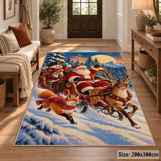 Santa sleigh and reindeer crossing a snowy mountain landscape area rug, holiday room view 2