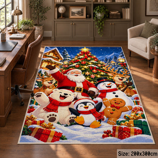 Santa and cheerful snowmen with penguin and gingerbread near a tree area rug, holiday room view 5