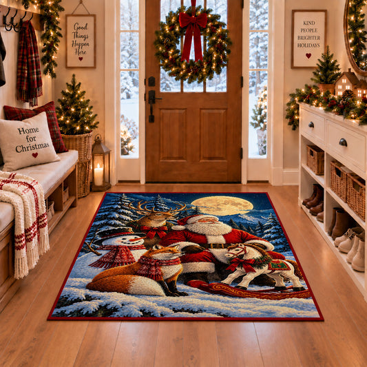 Santa, deer, fox and snowman in moonlit winter woods area rug, holiday room view 1