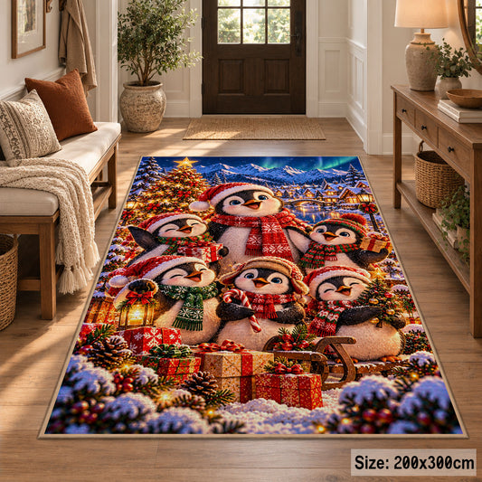 penguin family with wrapped Christmas gifts under glowing lights area rug, holiday room view 2