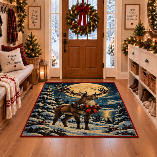 reindeer with a red bow in a snowy forest area rug, holiday room view 1