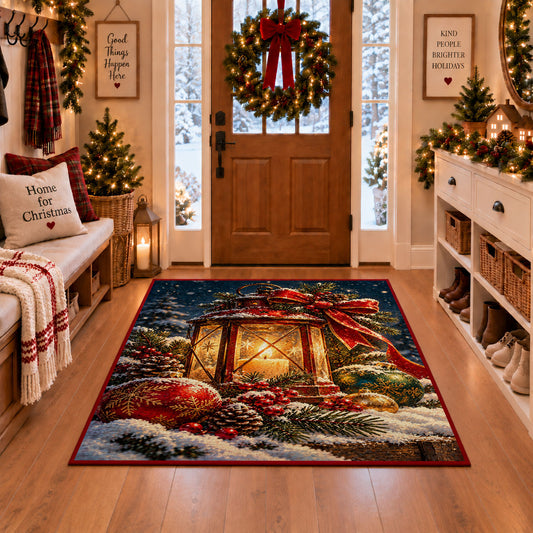 glowing lantern with red ribbon, pine branches and winter berries area rug, holiday room view 1