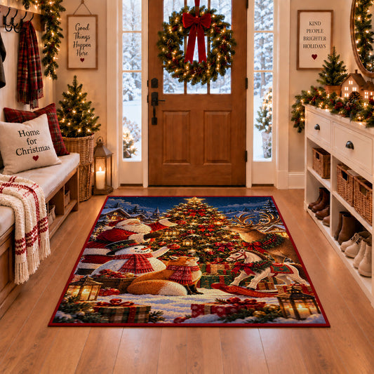 snowman and woodland animals decorating an outdoor Christmas tree area rug, holiday room view 1