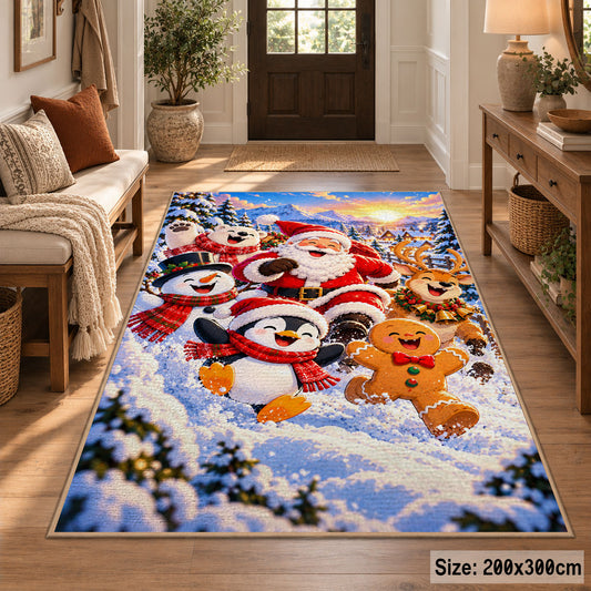 Santa, snowmen, penguin and gingerbread playing in snow area rug, holiday room view 2