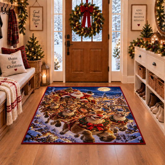 reindeer family running through a snowy village at night area rug, holiday room view 1
