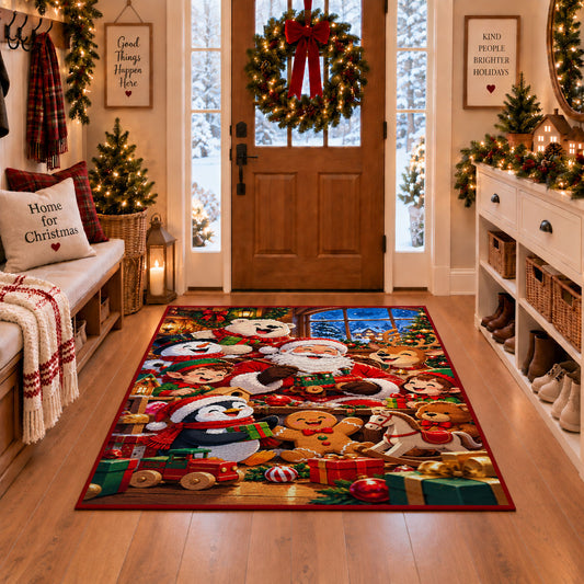 Santa and winter friends decorating inside a cozy Christmas room area rug, holiday room view 1